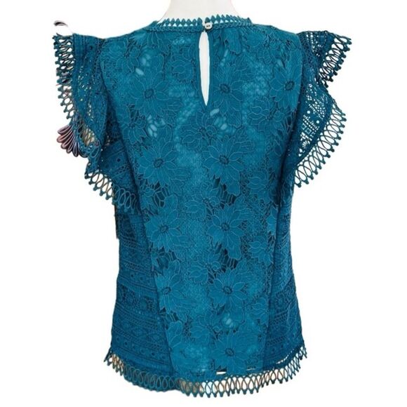 Anthropologie Guest Editor Teal lace ruffle sleeve, 100% polyester, lined, sz M - Picture 3 of 7